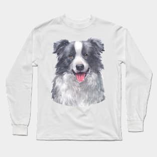 Happy Border Collie Watercolor Art Long Sleeve T-Shirt